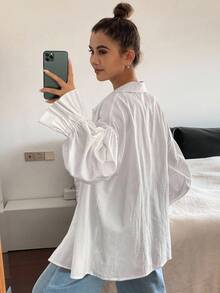 Livesso Áo sơ mi dài tay trơn màu trắng đơn giản, đa năng dành cho nữ - trắng - Xem 2