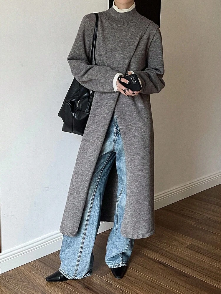 Autumn/Winter Loose Business Casual Chic High Collar Color Block Splice Oblique Placket Long Knit Pullover Sweater, Elegant Cardigan Dress With High Slit For Women