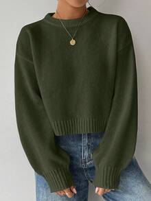 Elyressa Tropiluxe 女式纯色简约休闲圆领长袖白色毛衣 - 軍綠色 - 查看 5