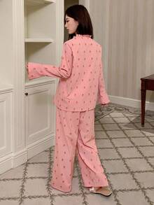 DAZY Conjunto de pijama holgado de mujer con estampado de salpicaduras de agua y cordones, ropa de otoño e invierno - Rosa - Ver 2