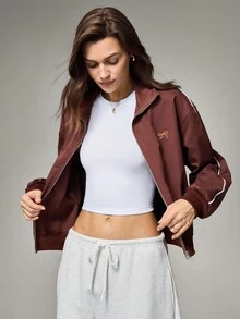 Hanevo Women's Bow Embroidered Long Sleeve Zip Front Casual Jacket - Coffee Brown - View 7