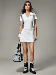 Hanevo 1 conjunto de top de manga corta y falda de unicolor, conjunto de 2 piezas para mujer