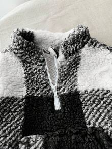 SHEIN Baby Girl Plaid Fluffy Stand Collar Zip-Up Sweatshirt, Versatile For Outings, Autumn/Winter (Mommy And Me Matching Outfits, 2 Pieces Sold Separately) - Black - View 4