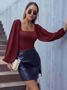 Firerie Body de mujer de unicolor con cuello cuadrado y mangas farol