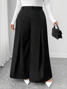 Elenzga Plus Size Women's Elegant Solid Color Split Wide Leg Pants, Suitable For Commuting And Everyday Wear - Black - View 4