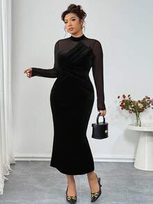 Elenzga 大码女式天鹅绒拼布紧身连衣裙，高弹性，3D塑形，性感优雅，适合派对、下午茶、通勤、时尚外出，黑色 - 黑色 - 查看 6