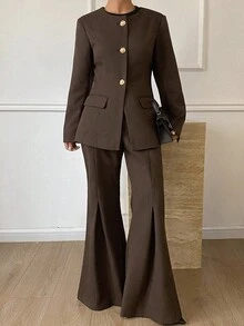 Livesso Ensemble 2 pièces pour femmes avec Top à encolure ronde et taille cintrée, et pantalon ample pour l'automne - Tabac - Voir 1