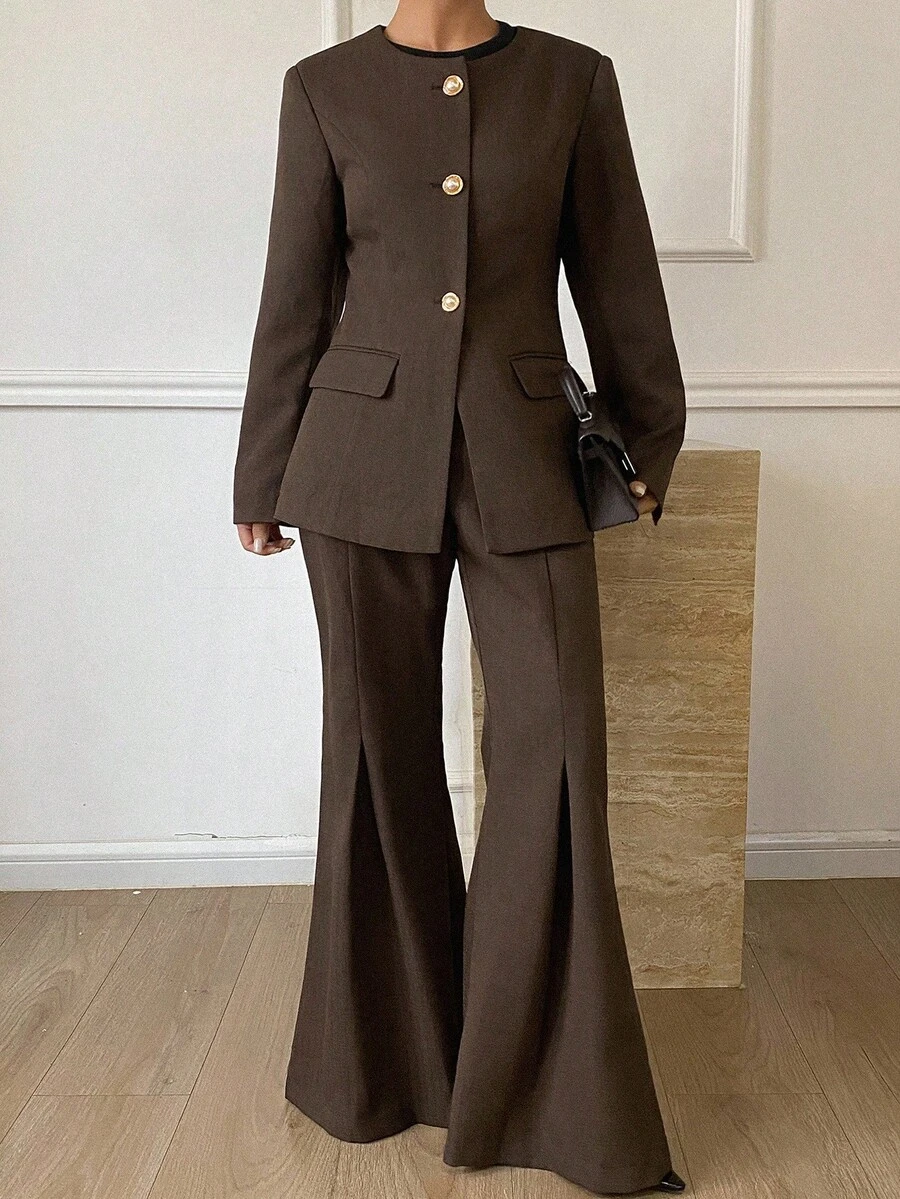 Livesso Ensemble 2 pièces pour femmes avec Top à encolure ronde et taille cintrée, et pantalon ample pour l'automne - Tabac - Voir 1