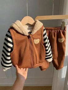 SHEIN 3 件套男童/女童秋冬可爱条纹羊毛连帽夹克，卡通图案拉链连帽夹克和裤子 3 件套运动服 - 彩色 - 查看 8