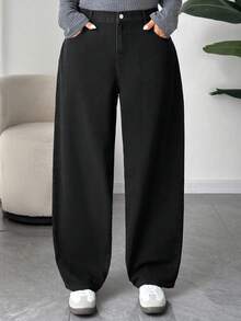 Dazy Plus Plus Size Women Black Solid Washed Slim Straight Leg Long Jeans, Autumn