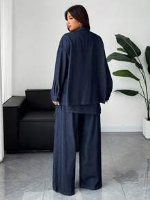 Dazy Plus 3 件套海军蓝纯色长袖衬衫、直筒裤和系腰半身裙套装，大码女装，春秋季 - 深色水洗藍 - 查看 2