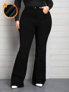 EMERY ROSE Quần jeans ống loe denim co giãn cỡ lớn mùa đông - màu đen - Xem 1