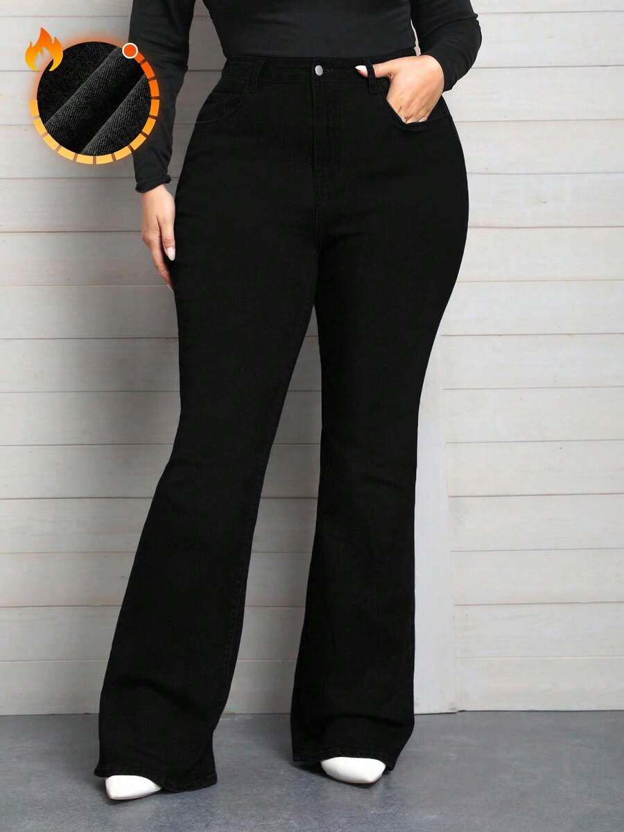 EMERY ROSE Quần jeans ống loe denim co giãn cỡ lớn mùa đông - màu đen - Xem 1