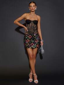 SHEIN BAE 秋冬无袖方领侧开衩修身亮片迷你连衣裙、场合连衣裙、派对连衣裙、夜间外出连衣裙、俱乐部连衣裙、波西米亚风格服装 - 彩色 - 查看 3