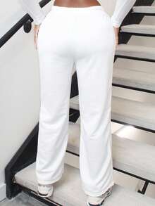 Alexandranx Nuevos pantalones rectos casuales y deportivos básicos de calle con cordón elástico, con estampado de estrella blanca, pantalones de chándal para mujer - Blanco - Ver 2