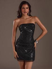 SHEIN Glamour 女式纯色亮片褶皱时尚短款抹胸连衣裙 - 黑色 - 查看 3