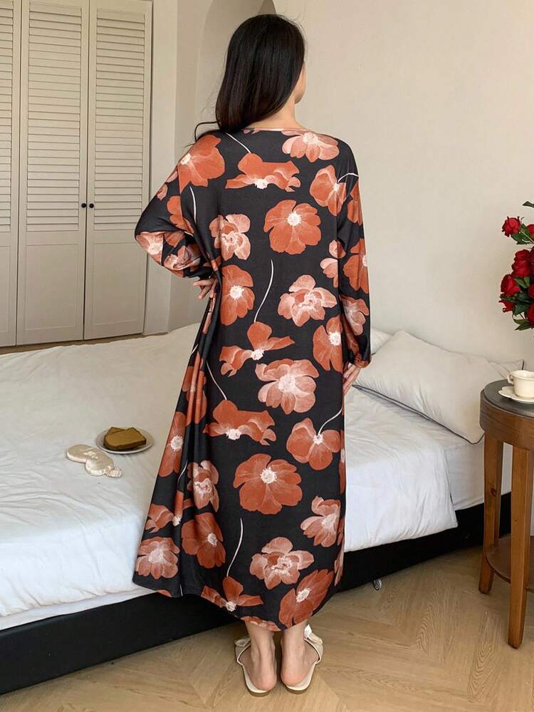 Floral Print Long Robe For Women Pajama, Winter