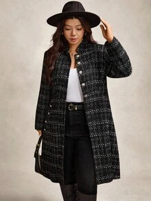 Zelara Plus Size Women Elegant Commuter Thick Tweed Long Blazer In Fall/Winter - Black - View 9