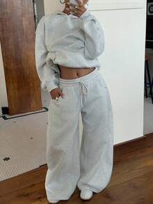 SHEIN EZwear Women's Autumn/Winter Thermal Lined Hoodie And Relaxed Fit Sweatpants Set For Going Out Outfits, Back To School, Streetwear - Light Grey - View 6