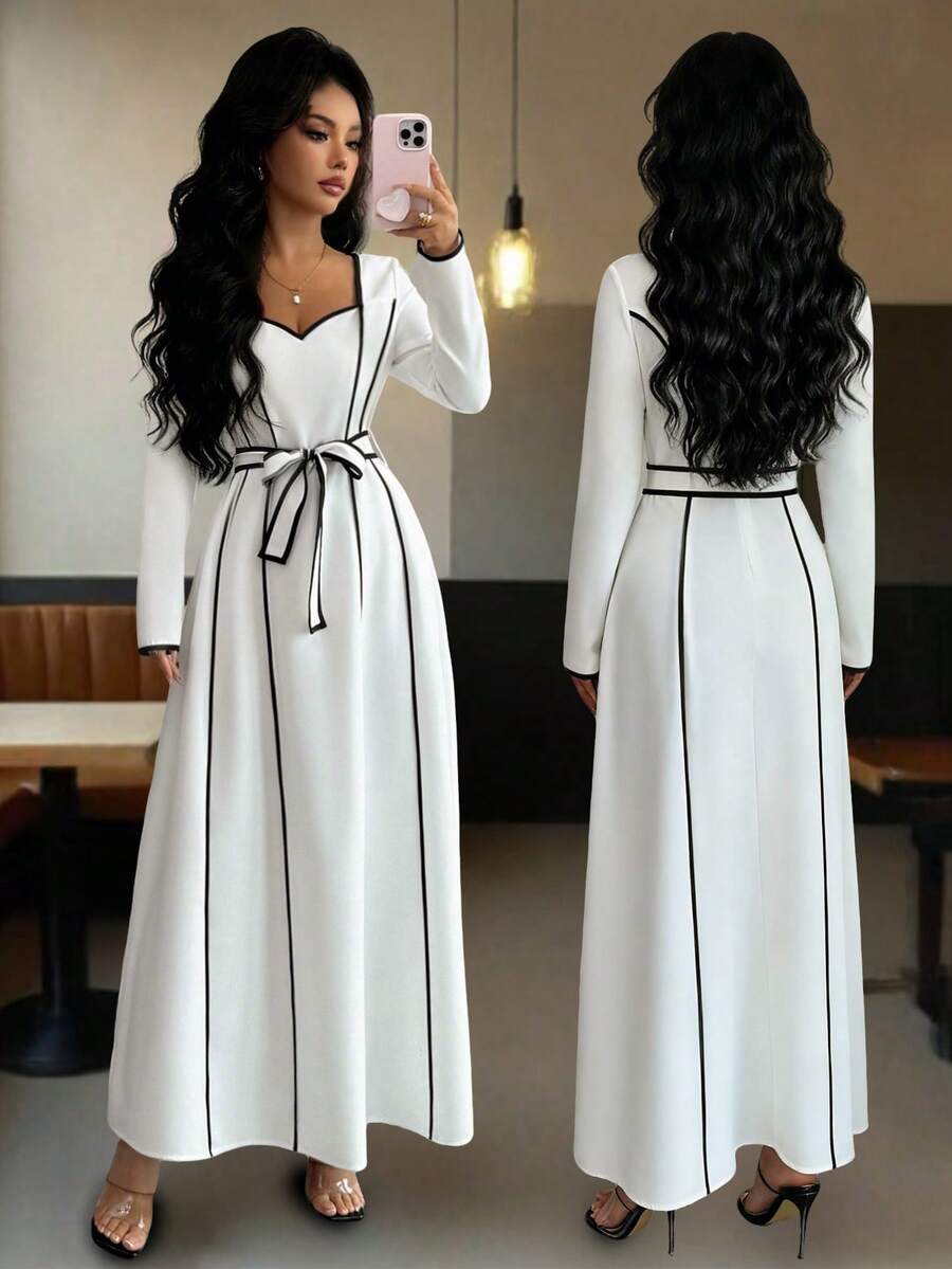 Elenzga Robe femme - Élégante robe maxi à col en V avec cœur en blocs de couleurs noir et blanc, manches longues et taille nouée, convient pour les déplacements quotidiens - Noir et Blanc - Voir 1