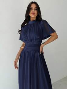 Firerie Women's Elegant Romantic Elegant Daily Commute Beach Vacation Stand Collar Pleated High Waist A-Line Flare Sleeve White Dress