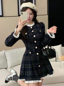 DAZY 女士优雅格子褶皱通勤连衣裙 - 藏蓝色 - 查看 7