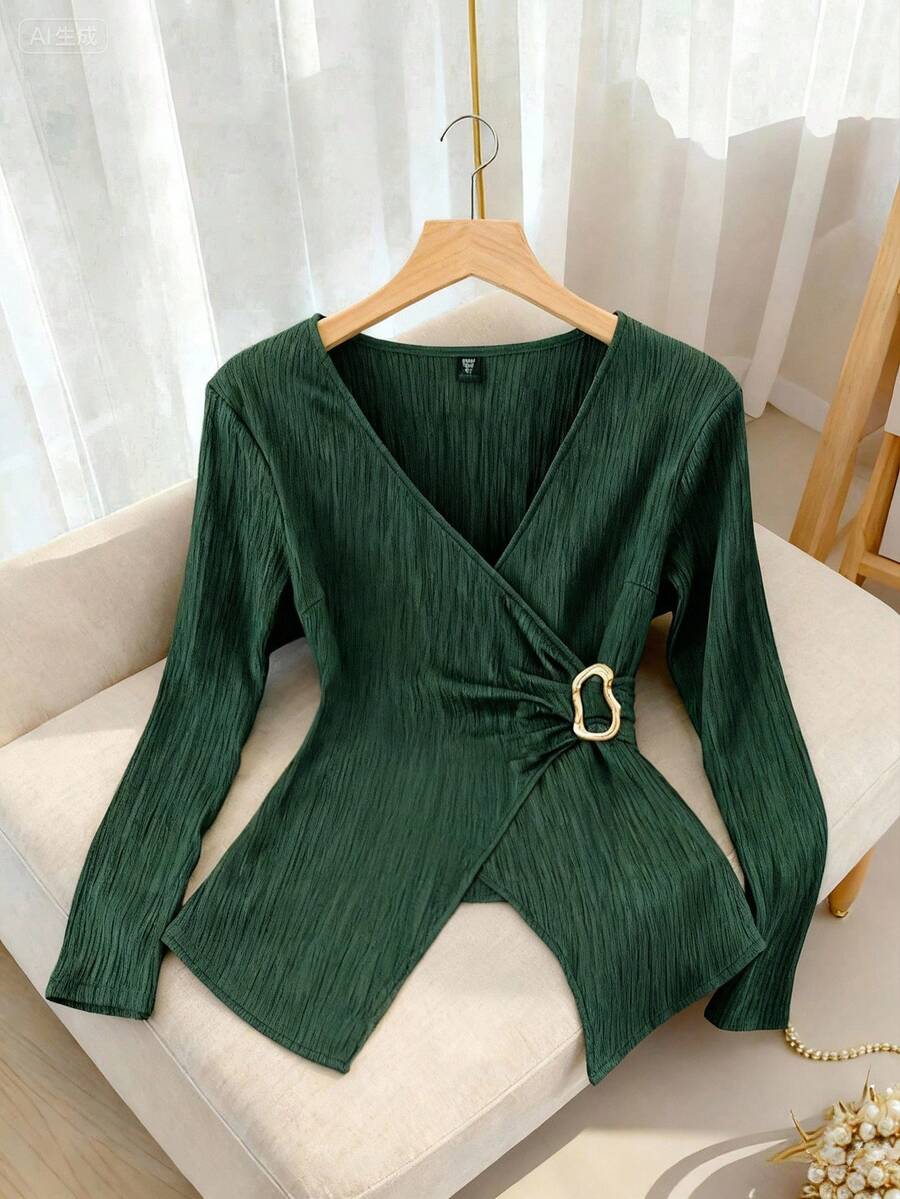 Franclia Plus Size Women's Elegant Dark Green Autumn Office High-End Formal Commute Curvy Solid Textured Layered V-Neck Cinched Waist Metal Buckle Blouse Shirt - Army Green - View 1