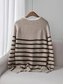 Franclia 女式蕾丝领条纹插肩袖套头针织毛衣，复古风格，加大码 - 卡其色 - 查看 2