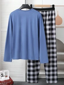 青少年男孩花卉印花口袋长袖上衣搭配经典黑灰色格子裤，休闲家居服套装 - 彩色 - 查看 2