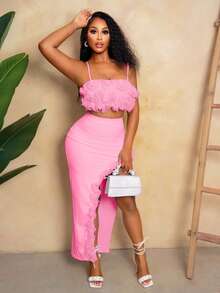 Mistrie Light Pink,Summer,70's,Party Disco,Party Night Fish Silk Thread 3D Flower Camisole Top&Split Long Skirt Two Pieces Set,White Solid Color Decoration - Pink - View 5