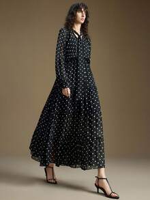 Ontre 2025秋冬新款婚礼宾客连衣裙,商务休闲百搭现代都市风宽松版型,适合日常穿着、万圣节、圣诞节等场合,优雅黑白波点雪纺面料宽松长裙,商务休闲、通勤、日常、新年皆宜。 - 黑色 - 查看 3