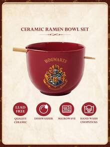 HARRY POTTER X SHEIN Hogwarts House Pattern Ceramic Ramen Bowl With Chopsticks, Large Capacity Dishware Set For Noodles, Salad, Cereal