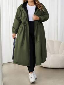 SHEIN CURVE+ 加大码女式绿色抽绳连帽保暖内衬长袖风衣，加大码女式连帽夹克雨衣秋冬装 - 綠色 - 查看 6