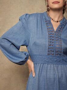 SHEIN VCAY Rochie elegantă de damă cu mânecă tip felinar și decolteu în V, mărime plus, din dantelă contrastantă