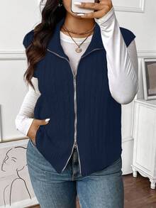 EMERY ROSE Plus Size Women Solid Color Knitted Mock Neck Cable Knit Collegiate Style Zip Front Vest, Autumn/Winter - Navy Blue - View 6