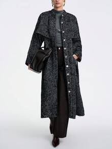 SHEIN LUNE 女士休闲长袖收腰高领人字纹长款大衣，适合外穿 - 黑與白 - 查看 6