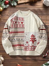 Manfinity Homme Suéter navideño casual para hombres con patrón de dibujos animados de familia, suéter de punto con patrón de retazos navideños, suéter de punto de cable para hombre, suéter de punto de otoño/invierno, suéter de punto, suéter navideño con gráfico para hombre