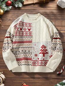 Manfinity Homme Męski sweter w stylu casual, świąteczny, z motywem rodzinnym i kreskówkowym, z dzianiny warkoczowej, z wzorem patchworkowym, na jesień/zimę, męski sweter z dzianiny, sweter z dzianiny, męski sweter świąteczny, sweter z grafiką