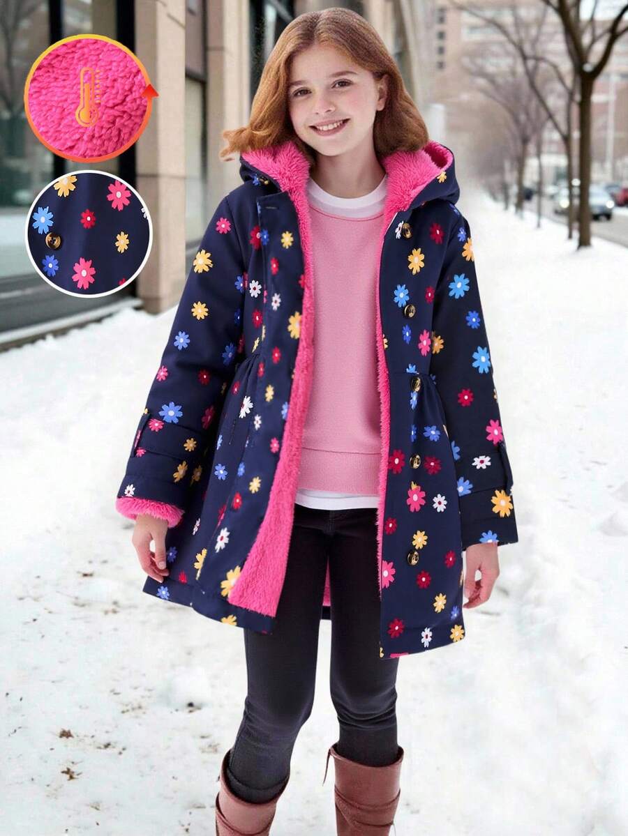 SHEIN Young Girls Floral Lined Hooded Double-Breasted Fashion Navy Blue Jacket, Suitable For Casual Daily Wear - Navy Blue - View 1