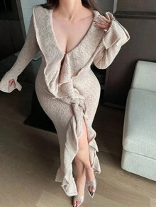 Flirla Váy dệt kim viền bèo nhún thiết kế thời trang thu đông cỡ lớn cho nữ - Màu be - Xem 5