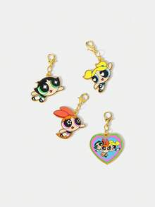 THE POWERPUFF GIRLS X SHEIN Juego de llaveros de aleación de zinc con estampado de elementos de dibujos animados de moda y popular, nicho, también se puede usar para decorar bolsos, adecuado para fiestas al aire libre, conciertos. - Talla única para todos - Ver 3