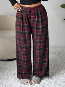 Dazy Plus Quần ngủ dài kẻ sọc thẳng rộng rãi, ấm áp cỡ lớn cho nữ, mùa xuân/thu, thu và đông - Màu Đỏ Sâu - Xem 6