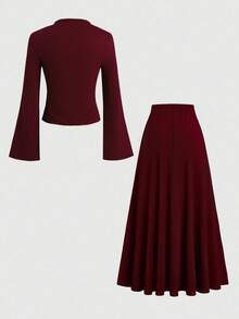 SHEIN Clasi Set de 2 piese pentru primăvară/vară, la modă, casual, cu talie strânsă, top subțire și fustă cu tiv evazat și talie elastică, mărime mare - Burgundia - Vizualizare 2