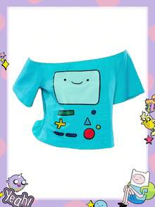 Adventure Time X ROMWE 春夏加大码女式休闲卡通图案不对称肩短袖T恤，夏季 - 綠色 - 查看 1