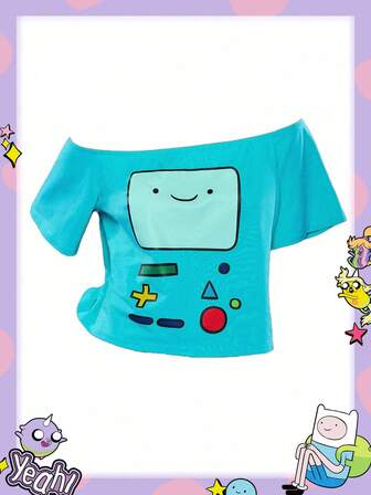 Adventure Time X ROMWE Plus Size Women's Casual Cartoon Pattern Off-Shoulder Short Sleeve T-Shirt, Summer