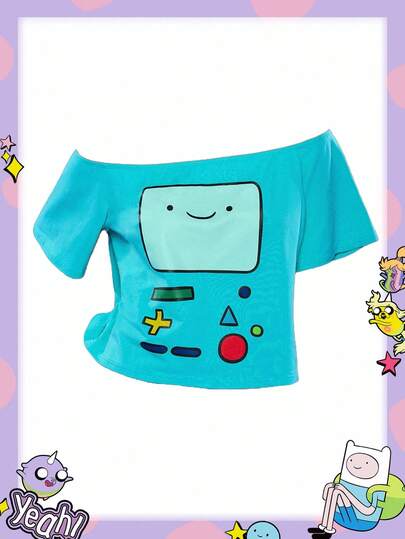 Adventure Time X ROMWE قميص كاجوال قصير الأكمام بطبعة كرتونية منفوخ الكتف للنساء ذوات الأحجام الكبيرة، صيفي