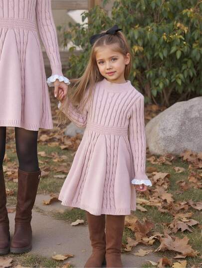 Emery Rose Kids Emery Rose Kids 年轻女孩日常休闲扭花提花圆领短袖修身收腰连衣裙长袖毛衣裙优雅淑女，适合所有季节，百搭日常穿着