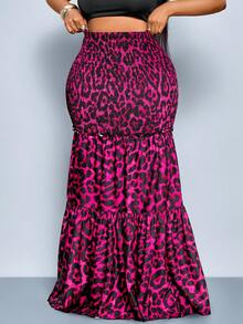 SOLERSUN 大码秋春新款特殊工艺高弹力褶皱荷叶边豹纹蛋糕裙通勤休闲性感中长半长裙适合约会晚宴酒会时尚女装 - 粉色 - 查看 6