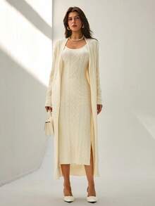 Rafferiza Set de vestido de tirantes vintage y cárdigan de 2 piezas - Beis - Ver 4