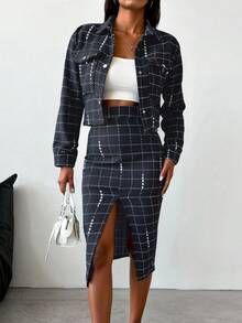 EURMUSE Flap Pocket Crop Jacket & Split Thigh Skirt - Black and White - View 5